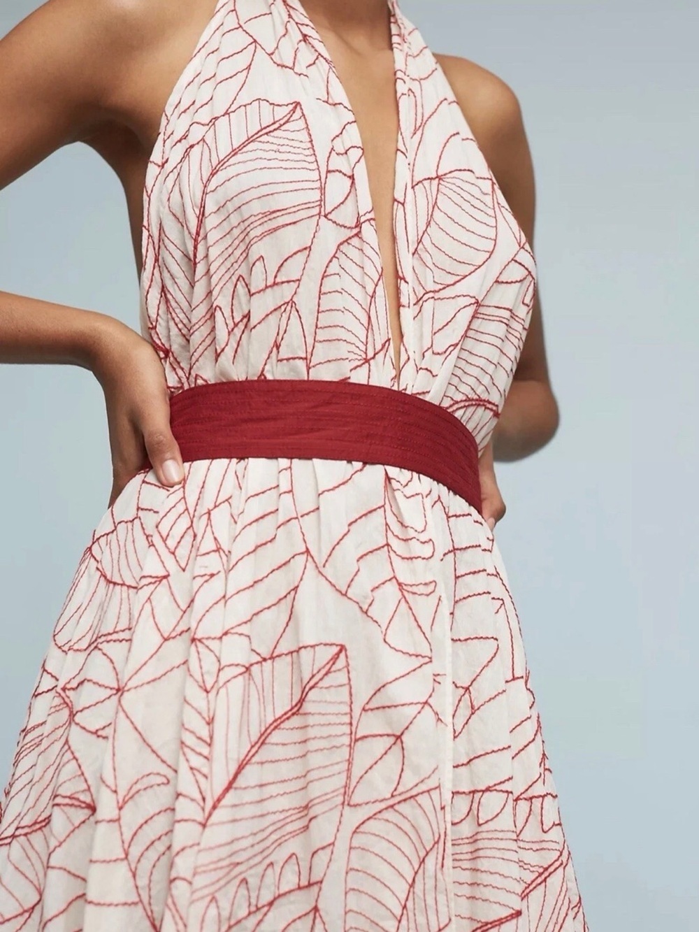 Anthropologie Cream Maxi Dress with Red Leaf Print - Picture 2 of 11